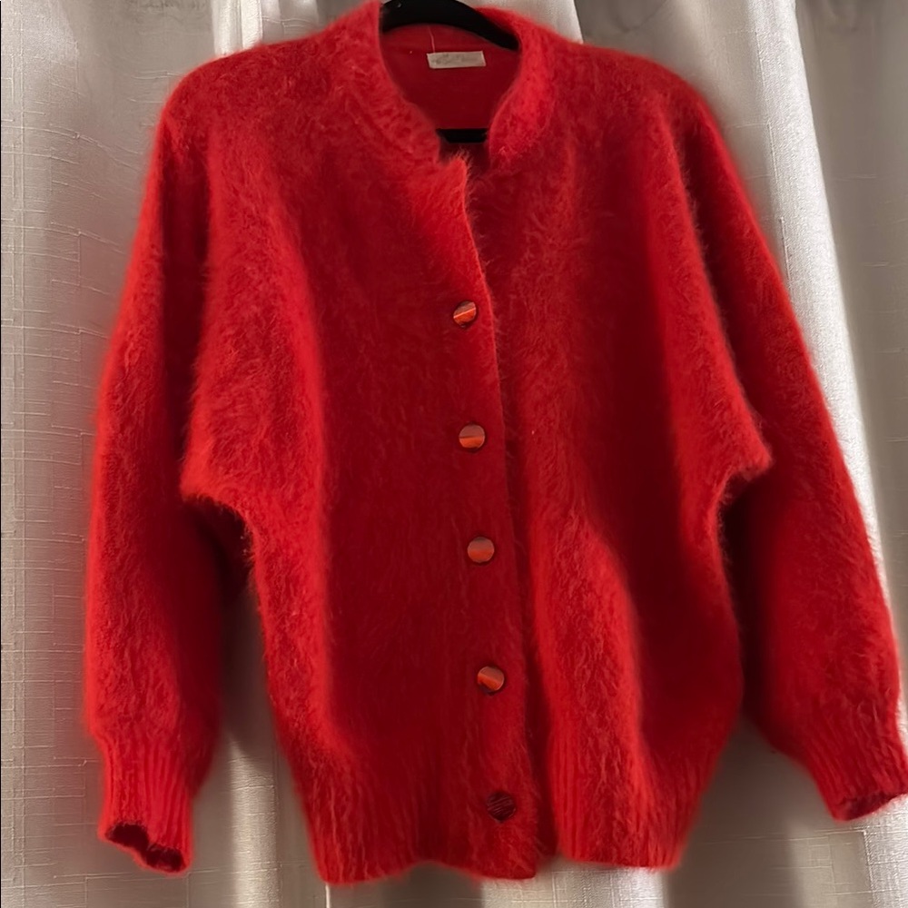 Women's Lightweight Red Fuzzy Button-Front Cardigan